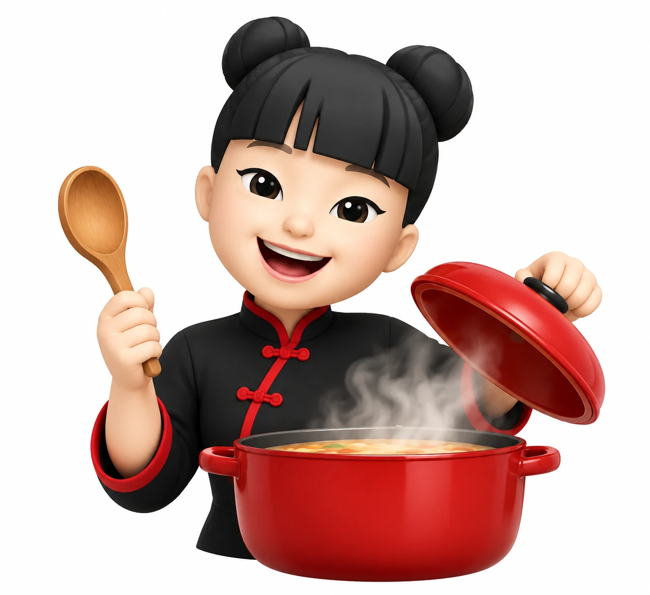 Ilustración de una cocinera de CecyFood destapando una olla roja con vapor y sosteniendo una cuchara de madera